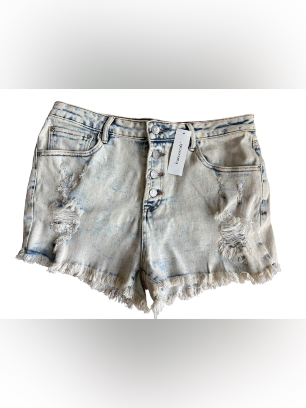 Francesca's Light Blue Acid-Wash Distressed High-Rise Denim Shorts